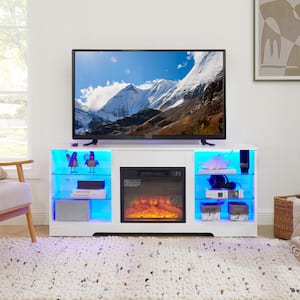 57.87 in. Freestanding Fireplace TV Stand with Glass Shelves & LED with USB Charging for TV up to 32-62 in. White