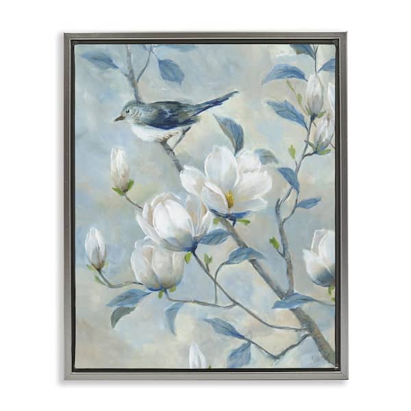 Blue Bird in Magnolia Tree Gray Framed Floater Canvas Wall Art, design by Nan