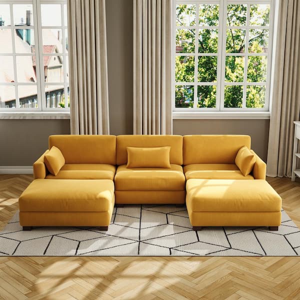 Uixe 123 in. Square Arm 5-Piece Corduroy Upholstered U-Shaped Sectional Sofa in Orange