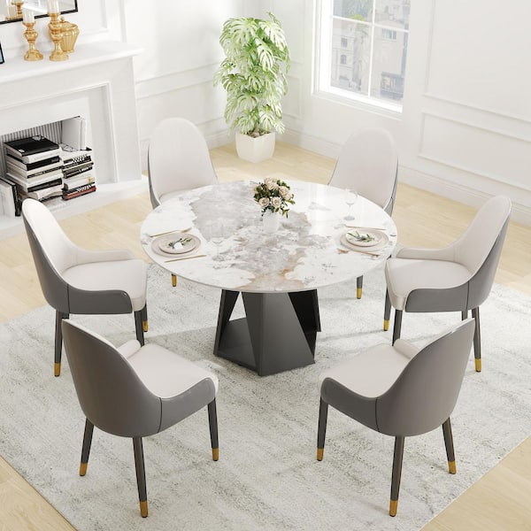 53 in. Pandora Round Sintered Stone Tabletop Black Pedestal Base Kitchen Dining Table (Seats 6)