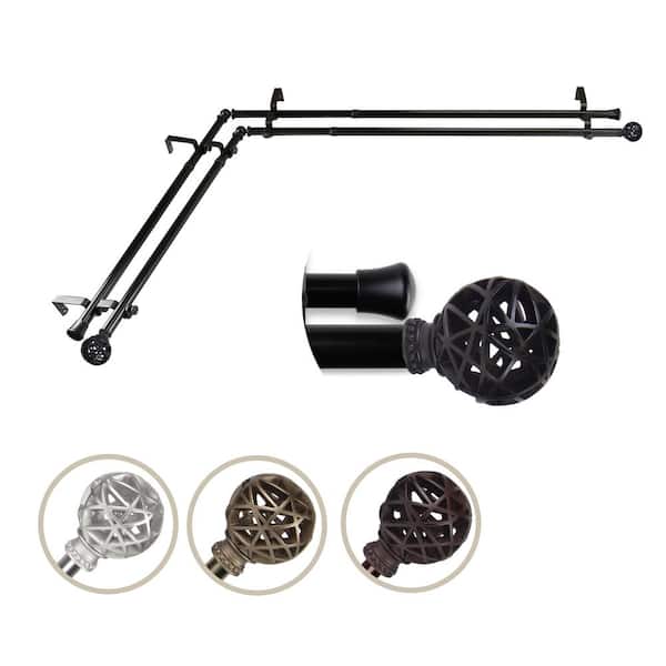 EMOH 13/16" Dia Adjustable Corner Window Double Curtain Rod 66 to 120" (each side) in Black with London Finials