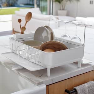 Steel Frame Dish Rack with Wine Glass Holder, White Steel