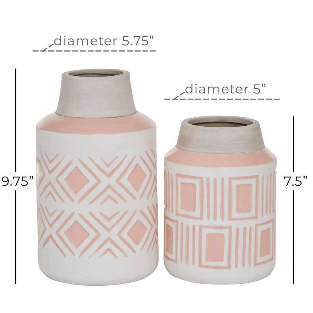 Set of 2 Pink and White Ceramic Geometric Decorative Vases