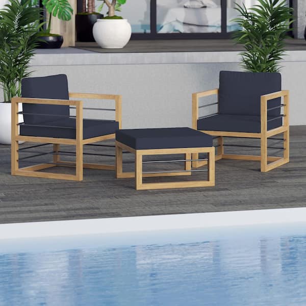 3-Piece Aluminum Outdoor Conversation Set with Navy Blue Cushions