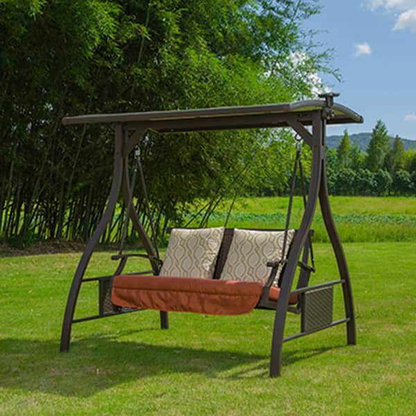 2-Person Metal Patio Swing with Solar LED Light and 2 Sunbrella Cushions