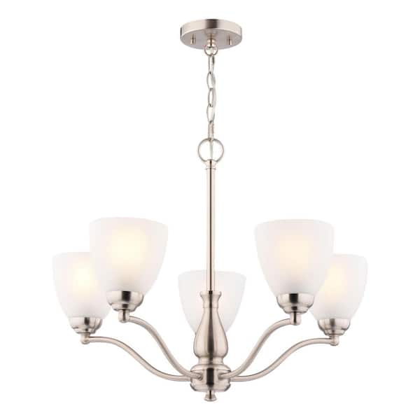 Bellwood 5-Light Satin Nickel Chandelier, Glass Shade, Pendant Fixture for Dining Room Kitchen Entryway Island Foyer