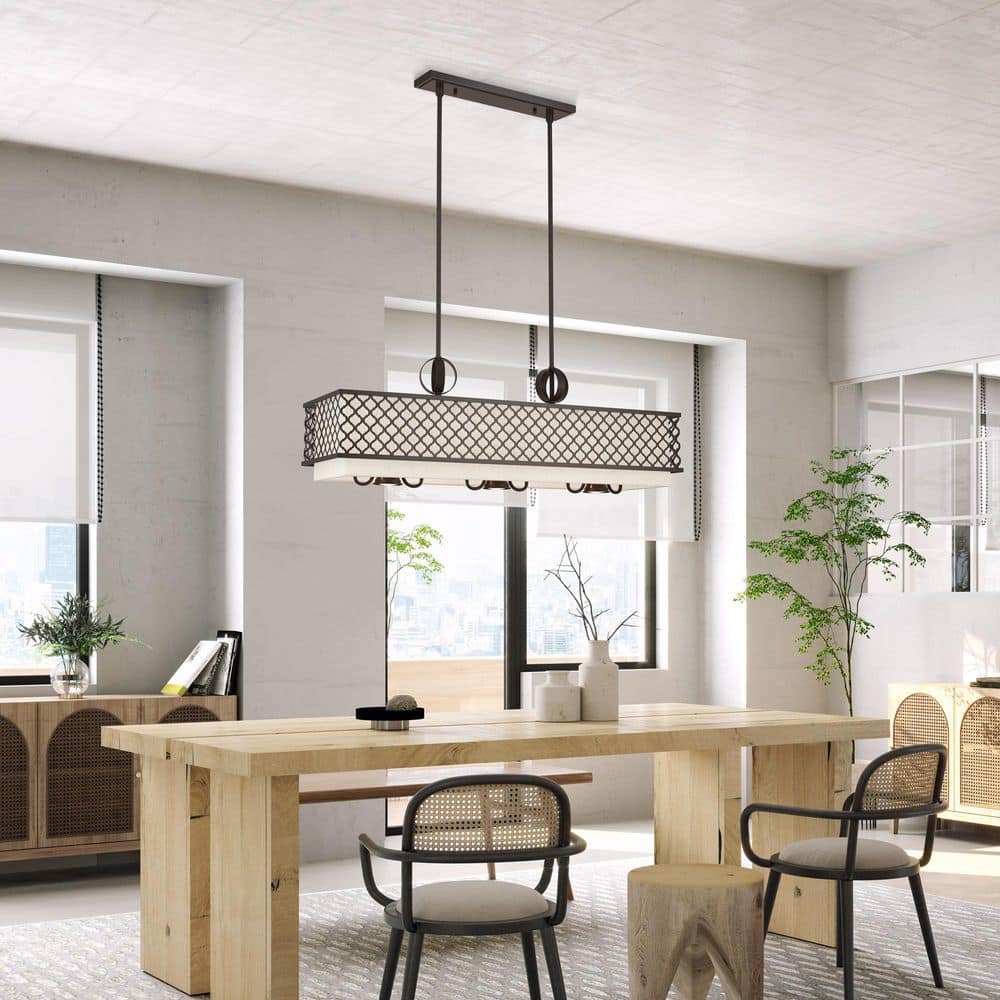 Arabesque English Bronze 9-Light Linear Chandelier with Fabric Shades