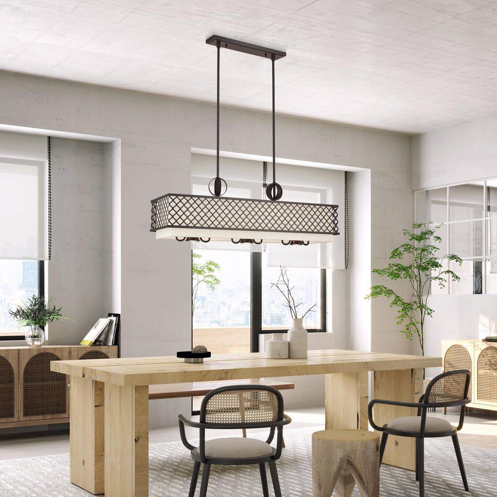 Arabesque English Bronze 9-Light Linear Chandelier with Fabric Shades