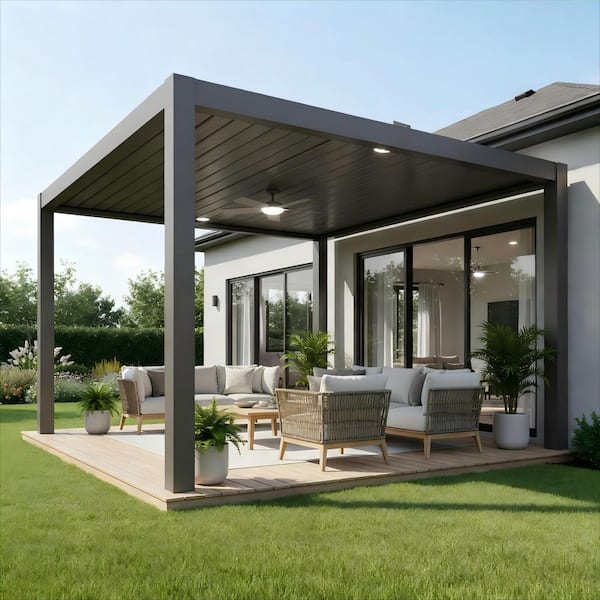 13 ft. x 14 ft. Dark Gray Aluminum Outdoor Solar-Powered Electric Louvered Pergola with Ceiling Fan and LED Lights