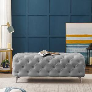 Gray Velvet Button-Tufted Solid Wood Bench with Chrome Legs and Sinuous Spring 51.18in. W x 18.89 in. H x 19.68 in. L
