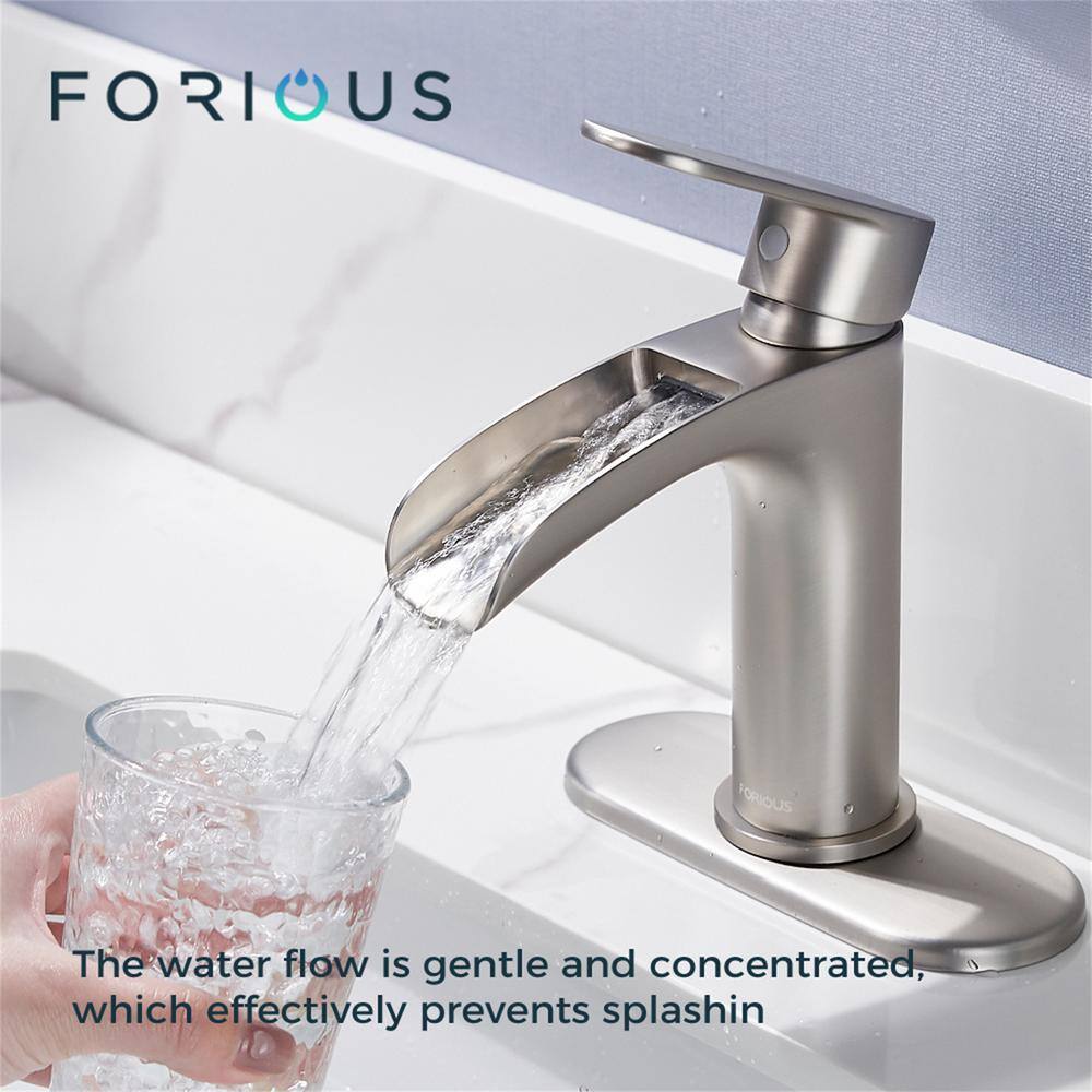 Brushed Nickel Waterfall Single Handle Bathroom Faucet with Pop-Up Drain