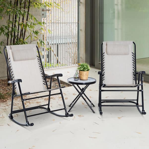 Unbranded Cream White 3-Piece Metal Outdoor Bistro Set, Patio Rocking Folding Chair Table Set with Pillows for Yard, Deck Backyard