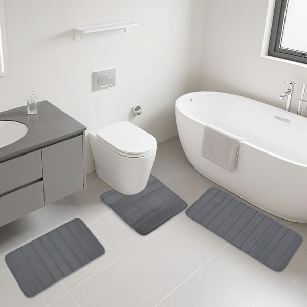Gray Bathroom Mats, 3-Pieces Memory Foam Bath Rug Sets, Non-Woven Fabric with Dotted Plastic Backing