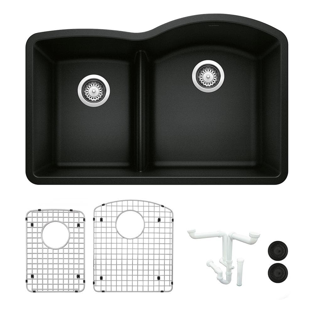 Diamond 32 in. Undermount Double Bowl Coal Black Granite Composite Kitchen 