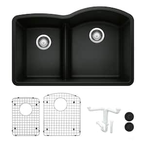 Diamond 32 in. Undermount Double Bowl Coal Black Granite Composite Kitchen Sink Kit with Accessories