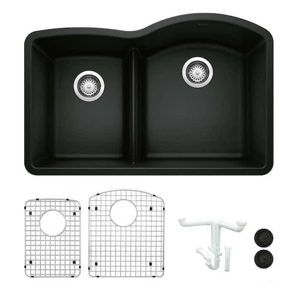 Blanco Diamond 32 in. Undermount Double Bowl Coal Black Granite Composite Kitchen Sink Kit with Accessories