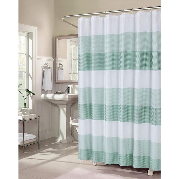 Spa Waffle Weave Fabric Shower Curtain, Teal Grey White Shower Curtains