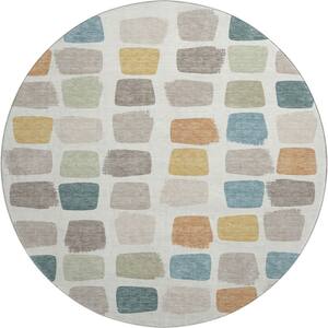 Mayfield Premium Machine Washable Abstract AMF2501 Ivory 8 ft. x 8 ft. Round Rug