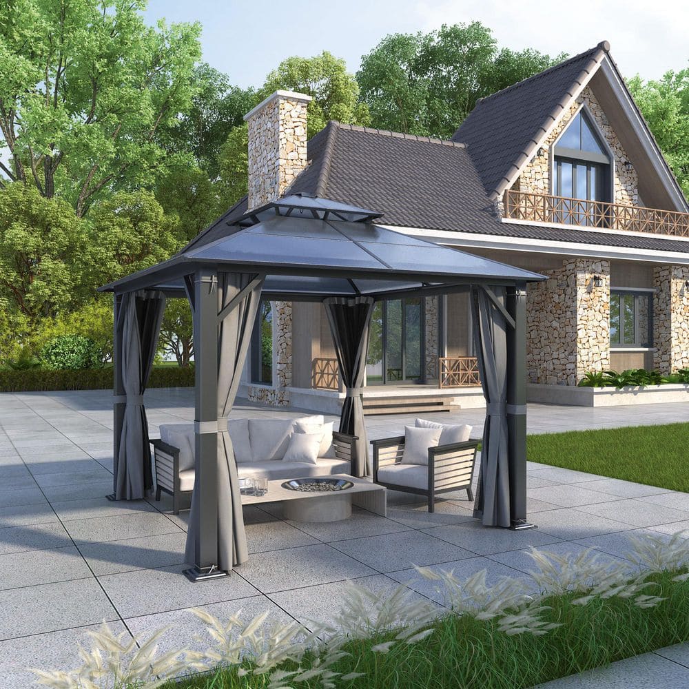 10 ft. x 10 ft. Patio Hardtop Gazebo Outdoor Double Polycarbonate Roof Steel Frame Gazebos with Netting & Curtains price history on PriceWatchPro