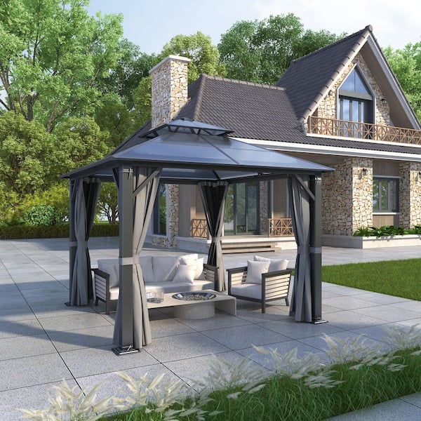 COVERONICS 10 ft. x 10 ft. Patio Hardtop Gazebo Outdoor Double Polycarbonate Roof Steel Frame Gazebos with Netting & Curtains