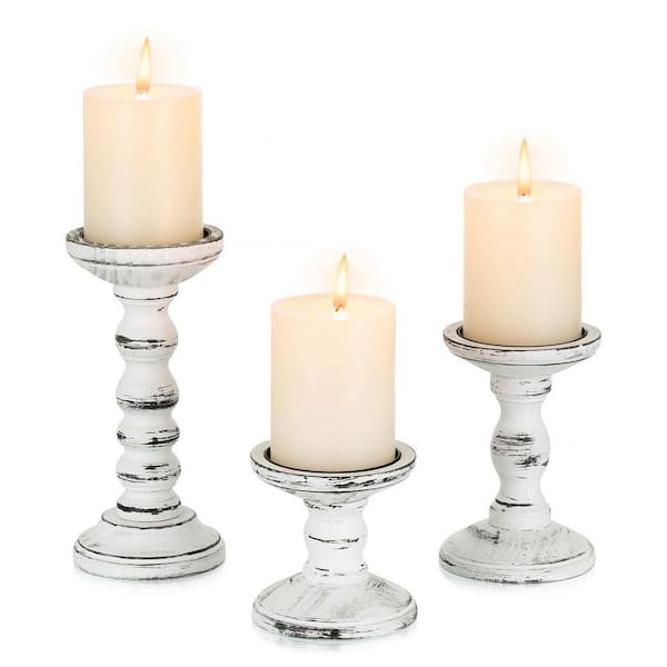 White Black Rustic Wood Candle Holders Set of 3, White Farmhouse Pillar ...