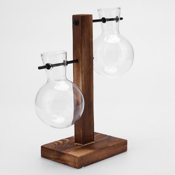 7.5 in. L x 4 in. W x 2.8 in. H Clear Desktop Indoor Wood Glass Hydroponic Planter Vintage Bulb Vase with Stand