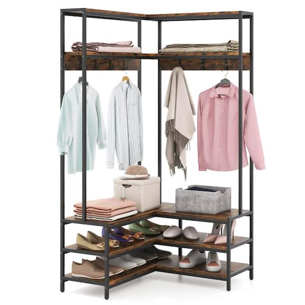 Rustic Brown Metal Corner L-shaped Clothes Rack 35.5 in. W x 70 in. H with Open Shelves and Adjustable Foot Pads