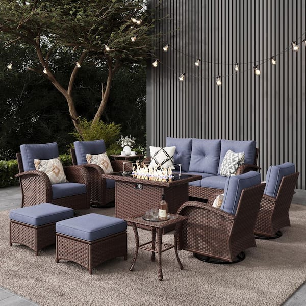 LayinSun 10-Pieces Wicker Swivel Outdoor Chairs Rectangle Fire Pit Patio Conversation Set with Navy Blue Cushions