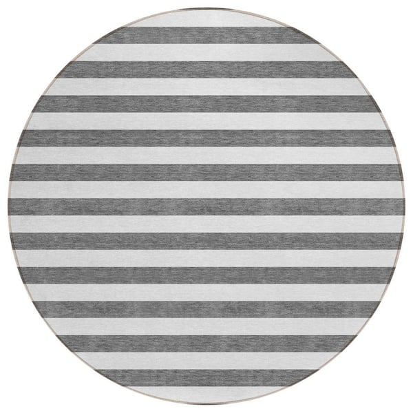 Charcoal 8 ft. Round Woven Striped Polyester Round Indoor/Outdoor Area Rug