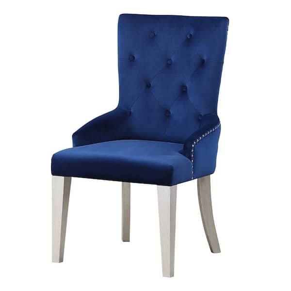 Acme Furniture Varian Blue Fabric and Antique Platinum Fabric Armless Side Chair Set of 2