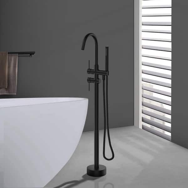 2-Handle Floor Mounted Residential Freestanding Tub Faucet with Hand Shower in Matte Black