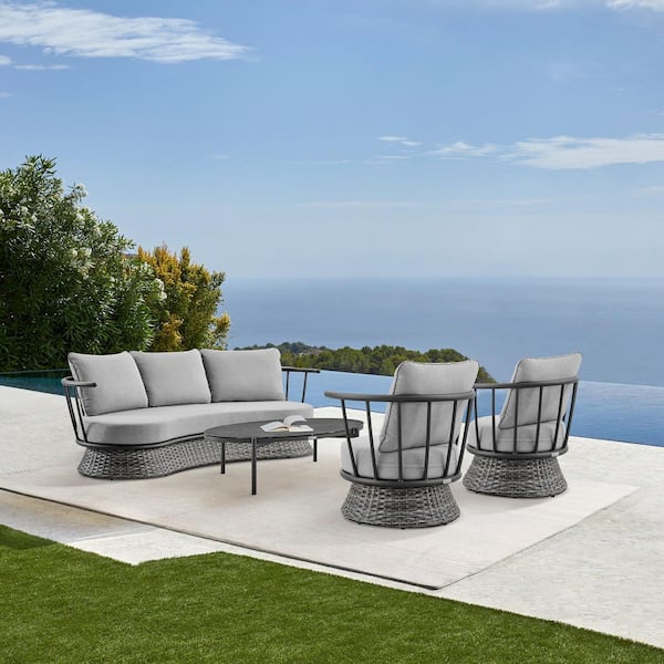 Armen Living Monk Black 4-Piece Aluminum Patio Conversation Set with Dark Grey Cushions