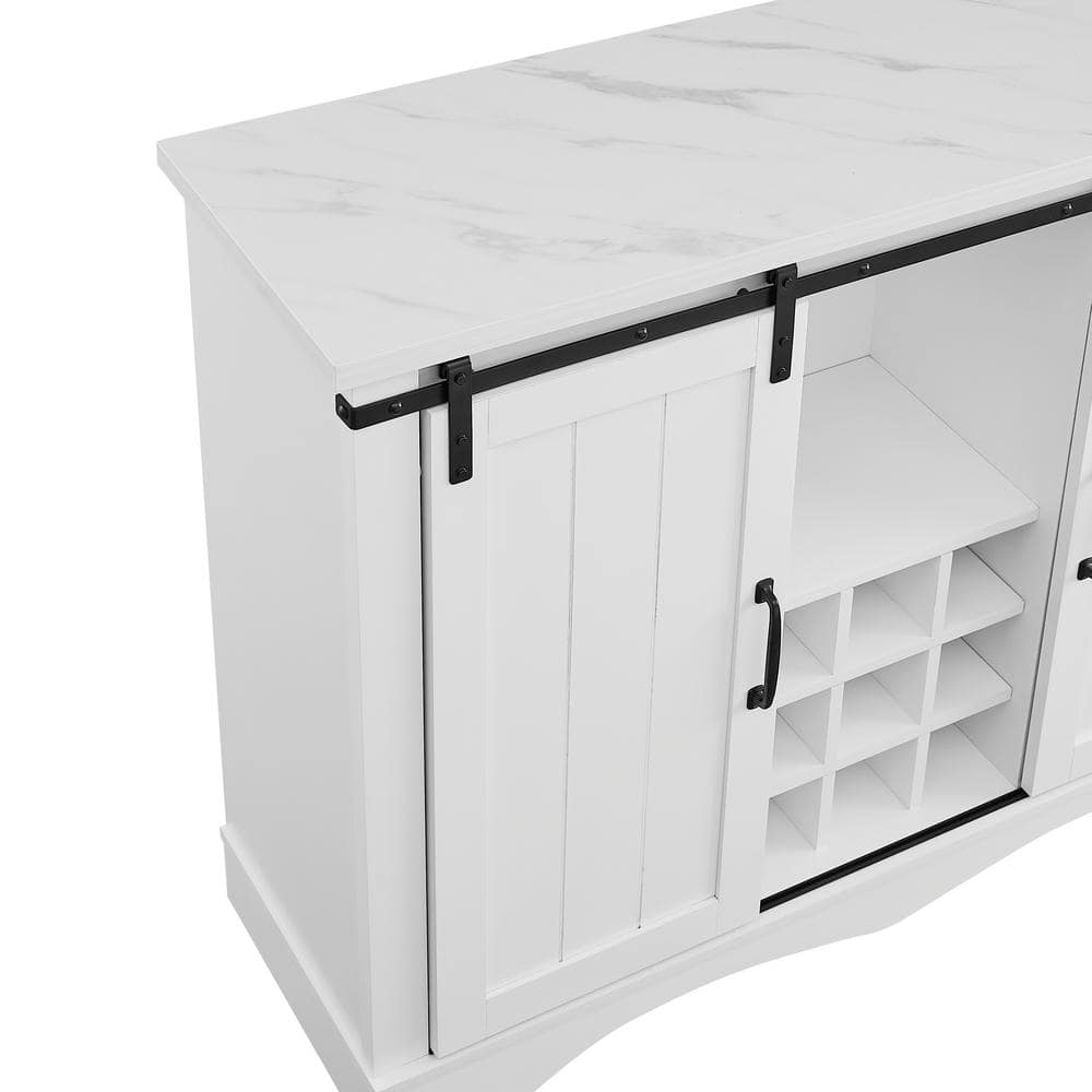 Rustic 47" White Wood Bar Cabinet with Marbling Countertop & Barn Doors