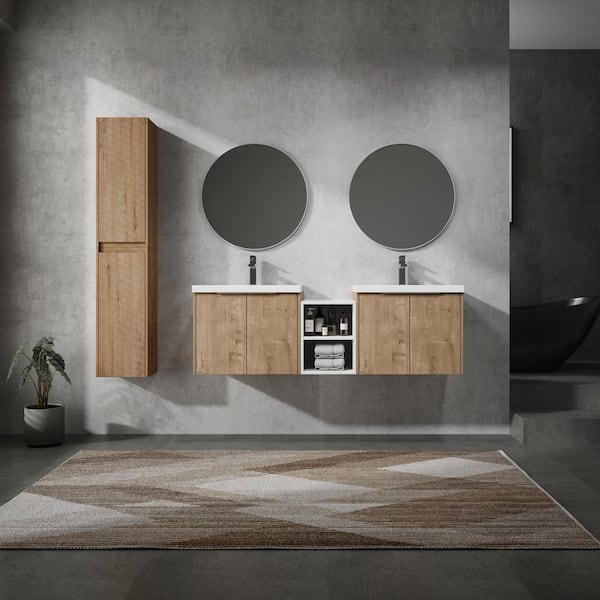 Geneva 60 in. W x 18.1 in. D x 19.3 in. H Floating Bath Vanity in Imitative Oak with White Resin Vanity Top