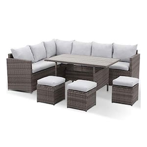 7-Pieces PE Rattan Wicker Patio Dining Sectional Cusions Sofa Set with Gray cushions