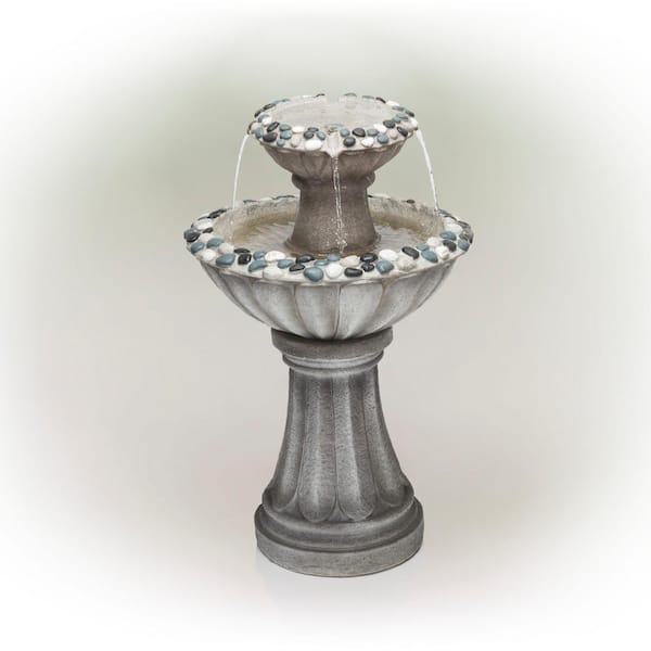 Alpine Corporation 24 in. Tall Vintage Old World Pedestal Fountain Yard Art Decor with Pebble Inlay