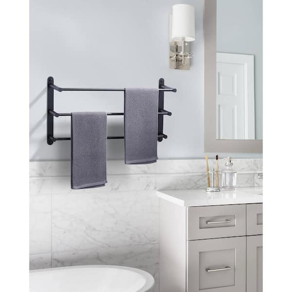 24 in. Matte Black 3-Tier Wall Mounted Towel Rack with Mounting Hardware in Stainless Steel