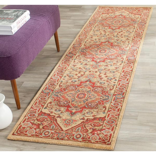 Mahal Red/Natural 2 ft. x 22 ft. Floral Border Medallion Runner Rug