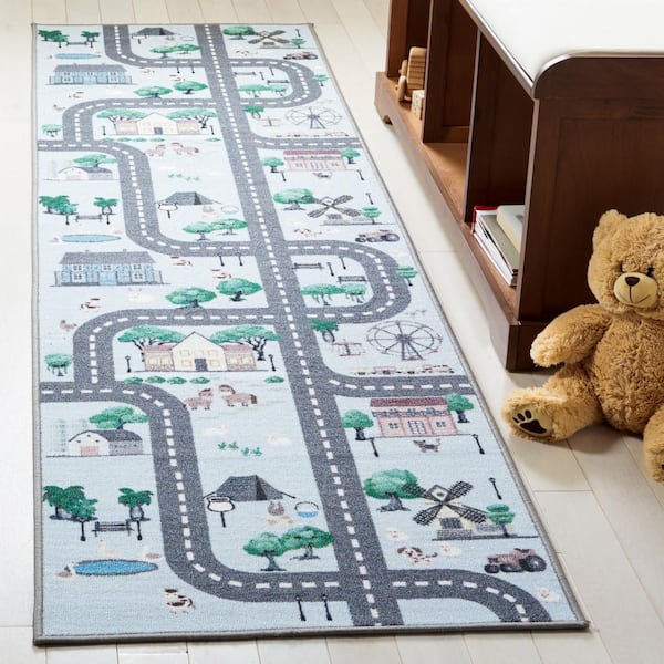 Kids Playhouse 2 ft. x 6 ft. Blue/Dark Gray Neighborhood Roads Runner Rug