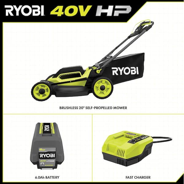 RYOBI 40V HP Brushless 20 in. Cordless Electric Battery Walk Behind Self-Propelled Mower with 6.0 Ah Battery and Charger