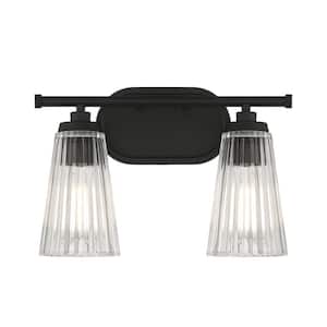 Chantilly 14 in. W x 10 in. H 2-Light Matte Black Bathroom Vanity Light with Clear Ribbed Glass Shades