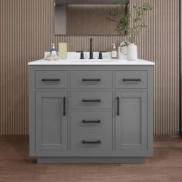 Wyndham Collection Beckett TK 42 in. W x 22 in. D x 35 in. H Single Bath Vanity in Dark Gray with White Quartz Top