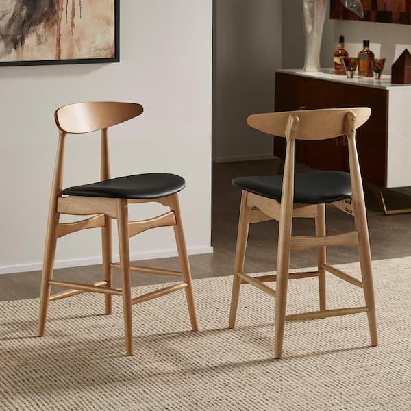 38.7 in. H Black PU Mid-Century Wood Counter Height Stools (Set Of 2)