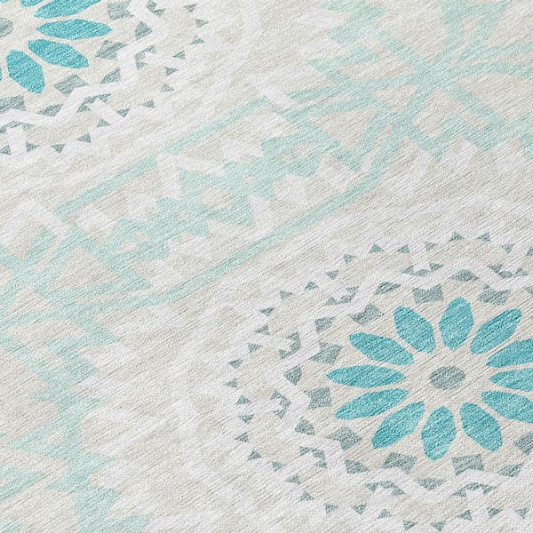 Teal Blue, Beige, Ivory 8 ft. Round Woven Floral, Medallion Polyester Round Indoor/Outdoor Area Rug