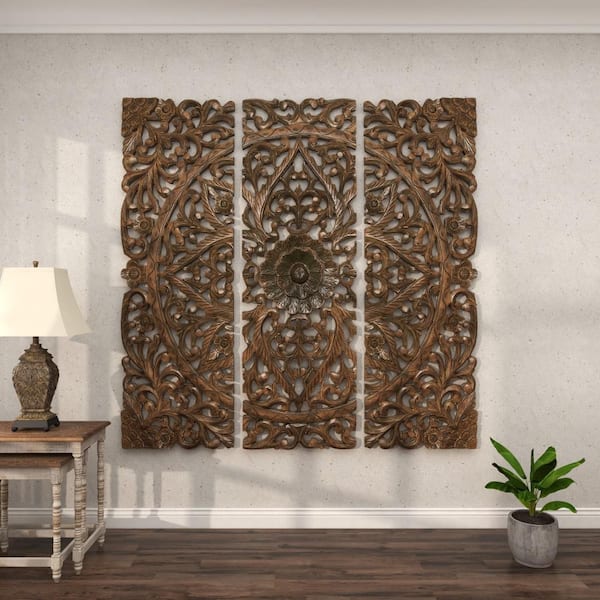 Litton Lane Wood Brown Handmade Intricately Carved Floral Wall Decor with  Mandala Design (Set of 3) 30930 - The Home Depot