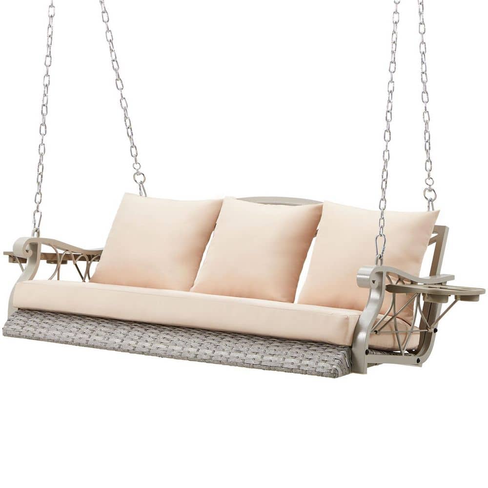"3-Person Wicker Porch Swing with Khaki Cushions, Outdoor Swing Chair with 106.3"" Chains and Cup Holders" price history on PriceWatchPro