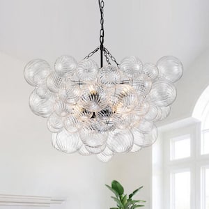 Neuvy 33 in.W 8-Light Matte Black Cluster Chandelier with Swirled Glass Shades for Staircase and Living Room