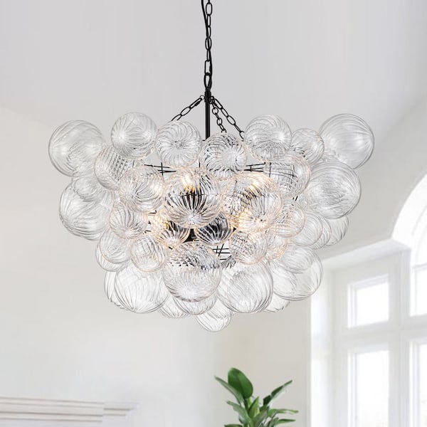 HUOKU Neuvy 33 in.W 8-Light Matte Black Cluster Chandelier with Swirled Glass Shades for Staircase and Living Room