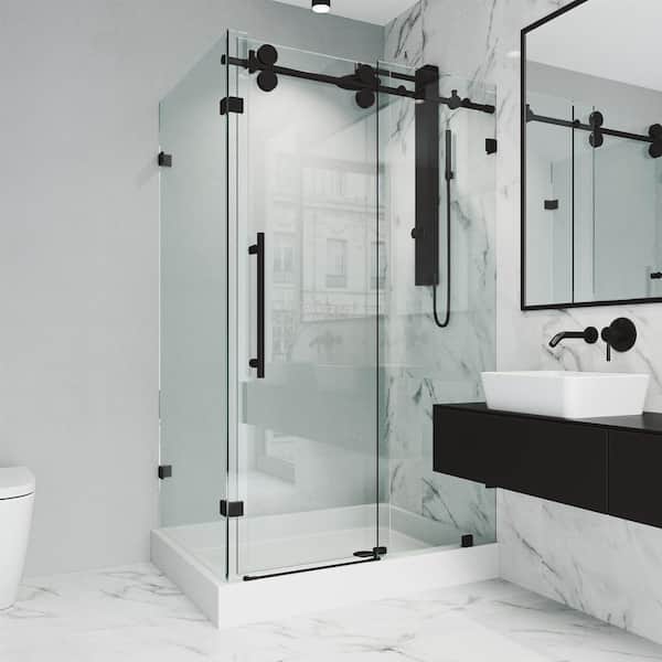 VIGO Winslow 36 in. L x 48 in. W x 80 in. H Frameless Sliding Rectangle Shower Enclosure Kit in Matte Black with Clear Glass