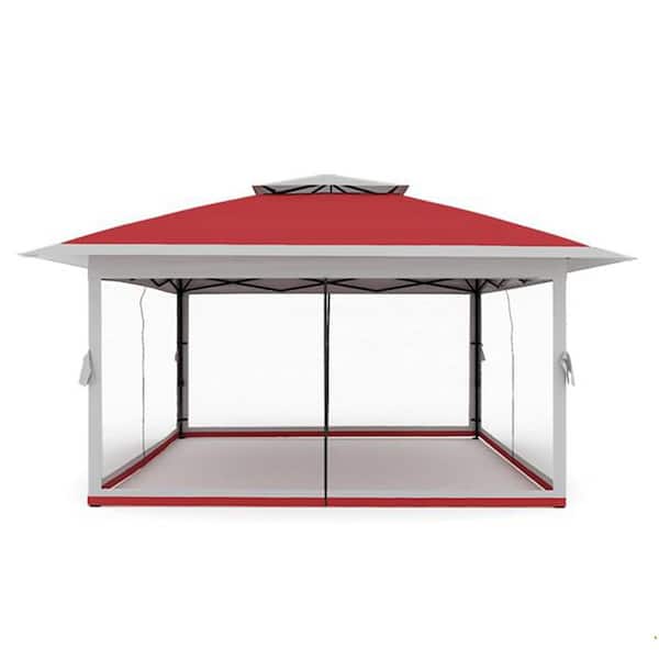 13 ft. x 13 ft. Double Roof Instant Pop Up Gazebo Canopy Tent Sun Shelter in Red with Netting and Adjustable Height
